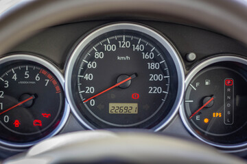 Fototapeta premium Car​ dashboard​ modern​ automobile control​ illuminated panel​ speed display.