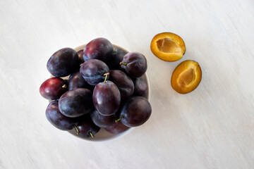 Ripe organic plums close up. Top view.