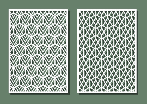 Geometric shapes in gexagon seamless pattern for laser cutting. Universal greeting card, laser cut panel. Vector illustration. Rectangle A4