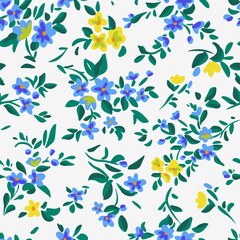Wild flowers background. Simple flat drawing. Floral seamless pattern made of meadow plants and flowers. Summer nature ornament. Modern flat design. Fashion style for textile and fabric.