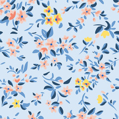 Wild flowers background. Simple flat drawing. Floral seamless pattern made of meadow plants and flowers. Summer nature ornament. Modern flat design. Fashion style for textile and fabric.
