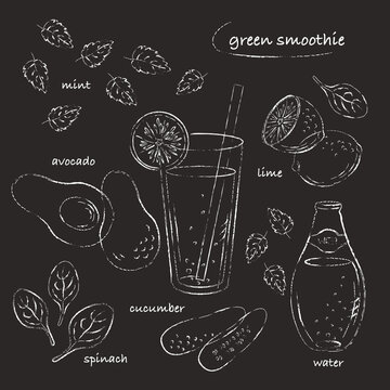 Green smoothie glass and ingredients recipe chalk line art sketch