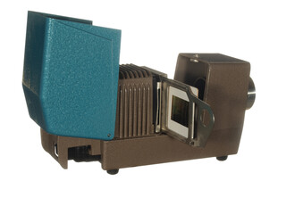 Vintage stylish 70s slide projector isolated on white background. The slide is inserted.