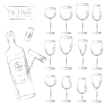 Wine glasses, cork, corkscrew and open bottle sketch set.