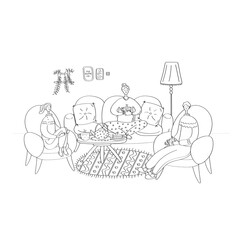 Family drink tea coffee together. Have a nice weekend with friends. Hygge concept. Cute vector illustration