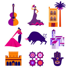 set of andalusian vector icons and symbols, buildings, flamenco, corrida, town