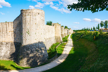 Medieval city wall reinforced with massive round tower and a deep moat. Provins, Seine-et-Marne,...
