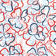 Floral seamless pattern. Summer nature botanical background. Large daisy flowers mixed with geometric curved dashed lines texture. Outline contour drawing. Good for textile and fabric.