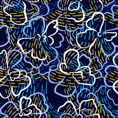 Floral seamless pattern. Summer nature botanical background. Large daisy flowers mixed with geometric curved dashed lines texture. Outline contour drawing. Good for textile and fabric.