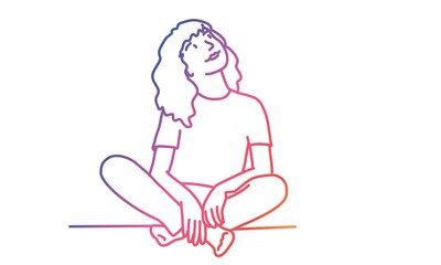 Young girl sitting in lotus position and looking up. Gradient line. Vector illustration. 