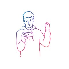 Positive man showing Ok gesture while holding smartphone in his hand. Gradient line. Vector illustration. 
