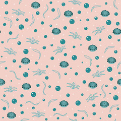 Sea seamless pattern with water bubbles and seaweed with pink background. Small sea elements vector illustration.