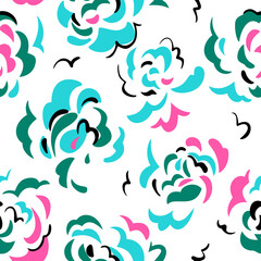 Seamless pattern made of decorative flower heads. Abstract brush strokes art background. Curved wavy shapes forming floral botanical texture. Good for fabric, textile, fashion design.