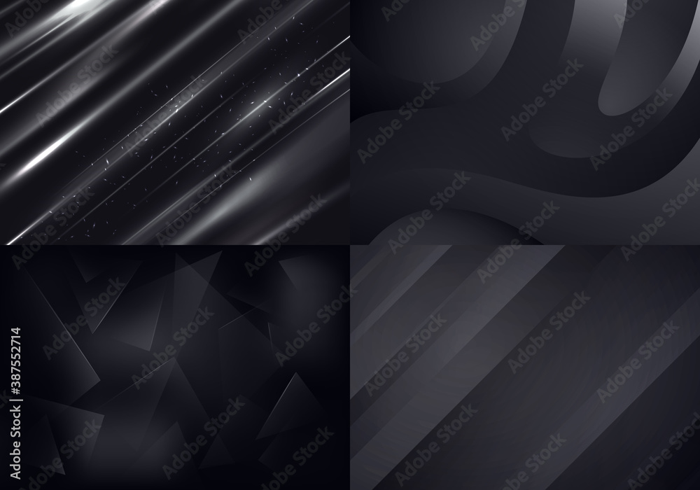 Poster Set of Black Backgrounds. Vector Abstract Minimalist Patterns. Modern Geometric Wallpapers with Gray and Black Gradient