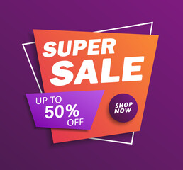 Super sale discount banner design. Layout for online shopping, product, promotions, website and brochure. Special offer up to 50% off. Vector template