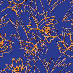 Simple nature floral background. Seamless pattern with hand drawn flowers. Line art .Contour drawing. Sketch style. Fashion design for your textile and fabric, wrapping, any surface.