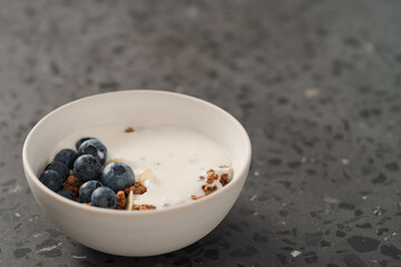 Healthy breakfast with whole grain granola and fresh blueberries in white bowl on concrete background