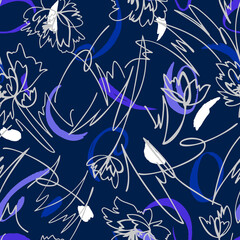 Simple geometric floral background. Seamless pattern with hand drawn flowers mixed with memphis style background. Line art .Contour drawing. Sketch style. Fashion design for your textile and fabric.