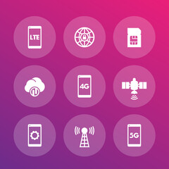 wireless technology icons, lte, communications, 4g, 5g mobile network