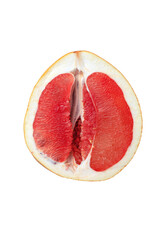 top view half of red fresh ripe grapefruit isolated on white background. Looking like female vagina, vulva symbol