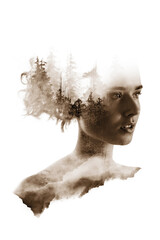Double exposure portrait of young woman forest and mountains.