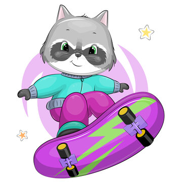 Vektorová grafika „Cute cartoon raccoon on skateboard. Cool and colorful  vector illustration of animal .“ ze služby Stock | Adobe Stock