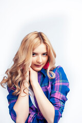 Fototapeta premium young pretty blond teenage hipster girl posing emotional happy smiling, gesturing isolated on white background, lifestyle poeple concept