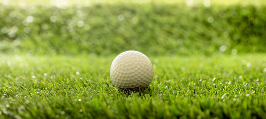 Golfball on green grass golf course, close up view.