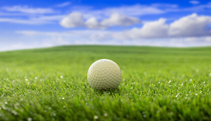 Golfball on green grass golf course, blue cloudy sky background