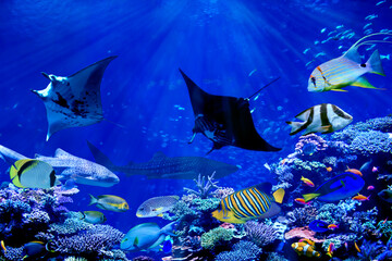 Manta ray dancing with tropical marine fish such as whale shark and anglefish in beautiful coral...