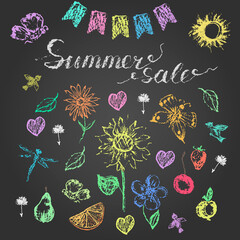 Fototapeta na wymiar Summer sale colored chalk lettering with decorative elements