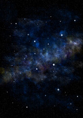 Milky night sky with stars and nebula. Blue starry sky background.
