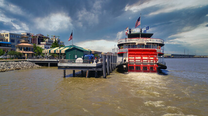 Port of New Orleans in New Orleans, Louisiana/USA-  day light view showing The steamboat Natchez on...
