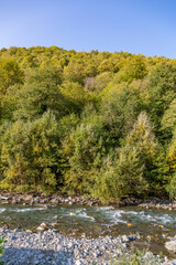 Strong water flow of a mountain river near a rocky shore