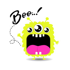 Cute yellow monsters vector illustration, Happy Halloween. Funny Cute cartoon kawaii character with three eyes. Scary boo. Flat design. Baby collection. Greeting card, sublimation, poster etc. Isolate