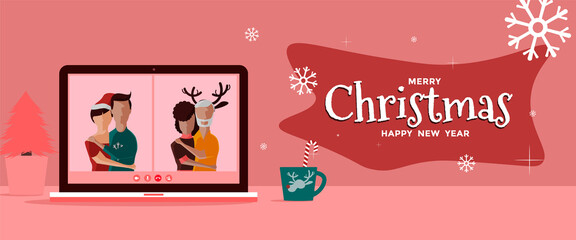 a laptop with a group of couples together in a video call distancing chat decorations of snowflakes and stars a text Merry Christmas and Happy New Year. holiday concept.