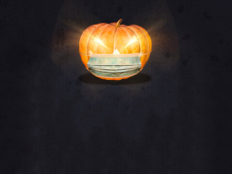 Fondo azul de Halloween 2020. Con una ilustraci&oacute;n o caricatura de calabaza, iluminada con luz de velas y con una m&aacute;scara m&eacute;dica que cumple las medidas Covid-19 o Coronavirus. Con espacio para texto.