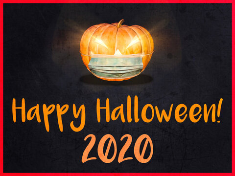 Feliz Halloween 2020. Tarjeta con una ilustraci&oacute;n o caricatura de calabaza, iluminada con luz de velas, usando una m&aacute;scara m&eacute;dica para el Covid-19 o Coronavirus. Con texto naranja y fondo azul oscuro.