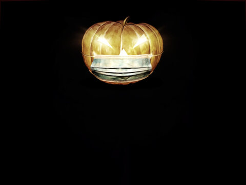 Fondo negro de Halloween. Con una ilustraci&oacute;n o caricatura de calabaza, iluminada con luz de velas y con una m&aacute;scara m&eacute;dica que cumple las medidas Covid-19 o Coronavirus. Con espacio para texto.