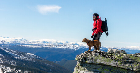 Man and dog standing on steep hillside and looking towards the snowy peaks of Jotunheimen in Norway. Staffordshire bullterrier, hiking, trekking, lifestyle, rondane and Norway concept.