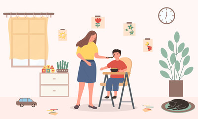 A woman, mother or nanny, feeds a child sitting in a feeding chair. Flat cartoon vector illustration.