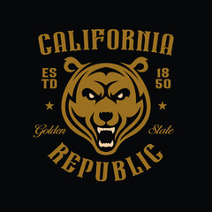 California republic design grizzly bear head. Hand drawn graphics for prints, posters, stickers. Golden state typography. Vector vintage illustration. - Vector