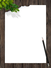 Paper and pencil placed on a wooden table