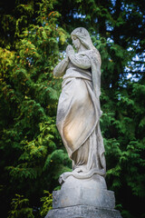 Virgin Mary is Queen of heaven. Ancient statue against green background of leaves.