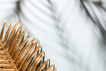 Gold palm leaves and shadows on a blue wall background.