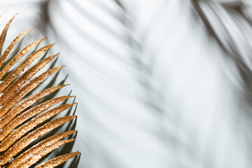 Gold palm leaves and shadows on a blue wall background.