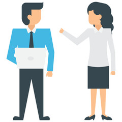 
Two human avatars in different colored official dresses showing gestures of talking and sharing ideas
