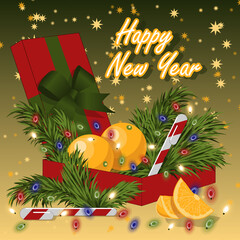 New year greeting card with a gift, fir branches, garlands, oranges and caramel sticks