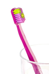 Toothbrush for personal dental hygiene on a white background. Two bright toothbrushes. Personal health care toothbrush. Toothbrush lovers