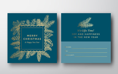 Christmas Abstract Vector Greeting Gift Card Background. Back and Front Design Layout with Sketch Pine Twigs Frame Label and Modern Typography. Winter Holidays Design with Soft Shadows.